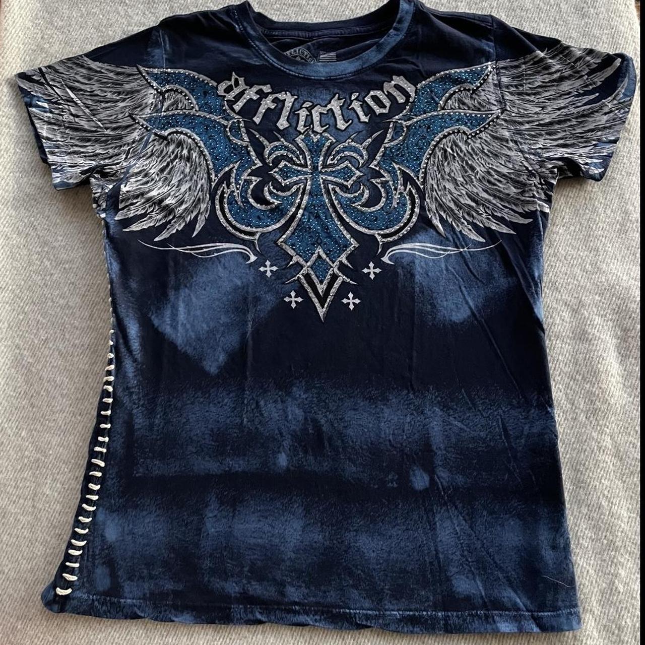 blue and white rhinestone affliction t-shirt Short... - Depop