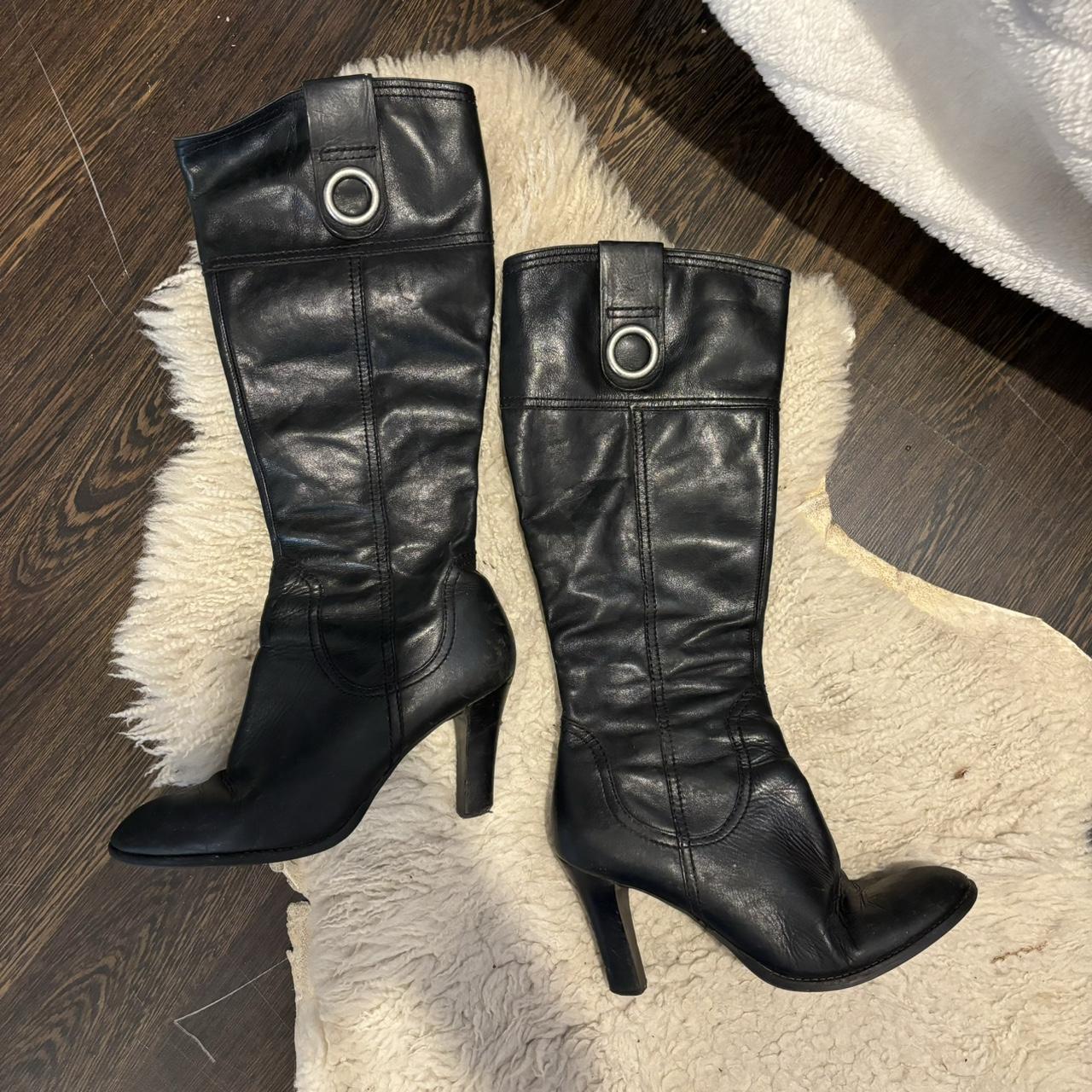 Leather knee high boots with heel. Silver buckle... - Depop