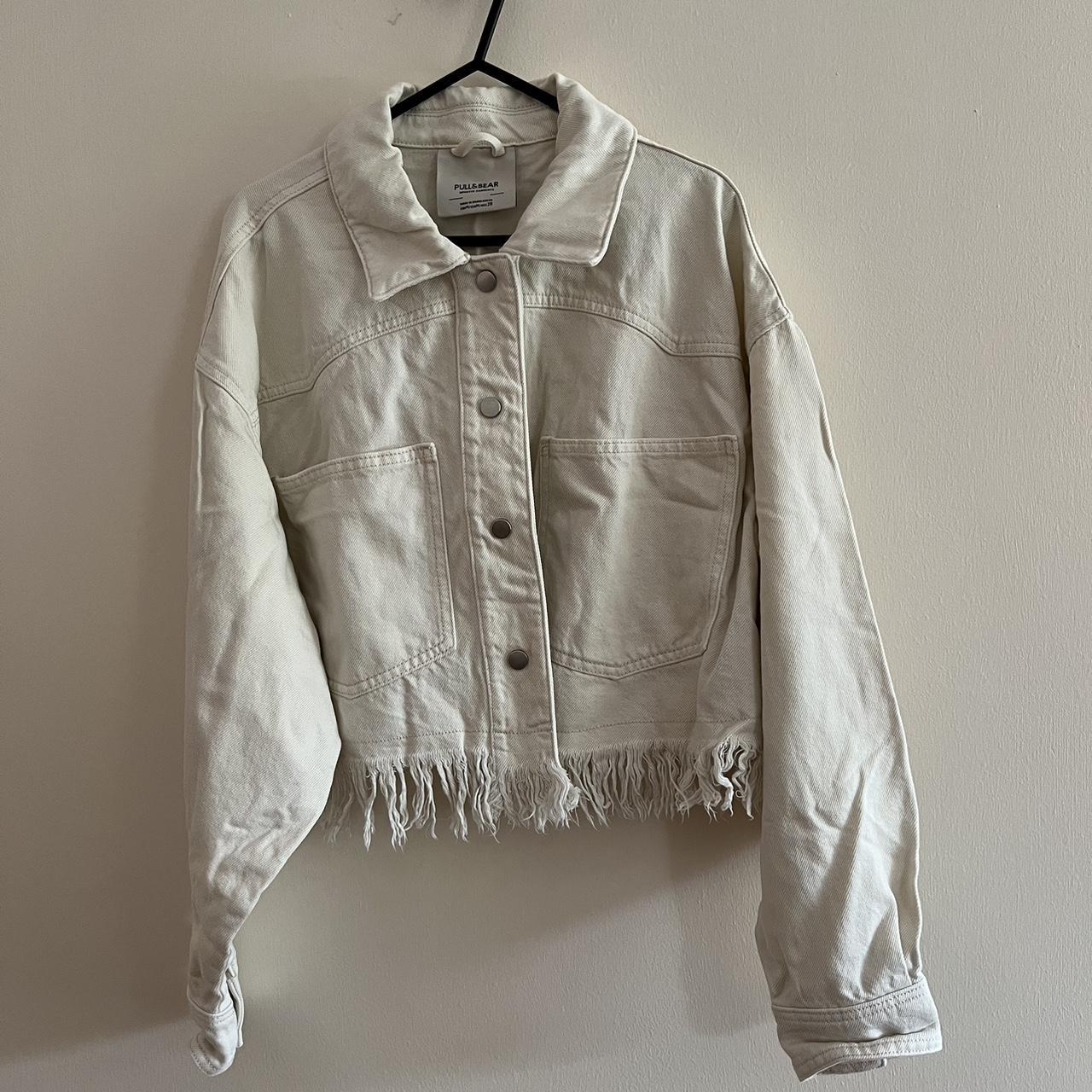 Pull Bear White Denim Jacket with tassels. Size. Depop