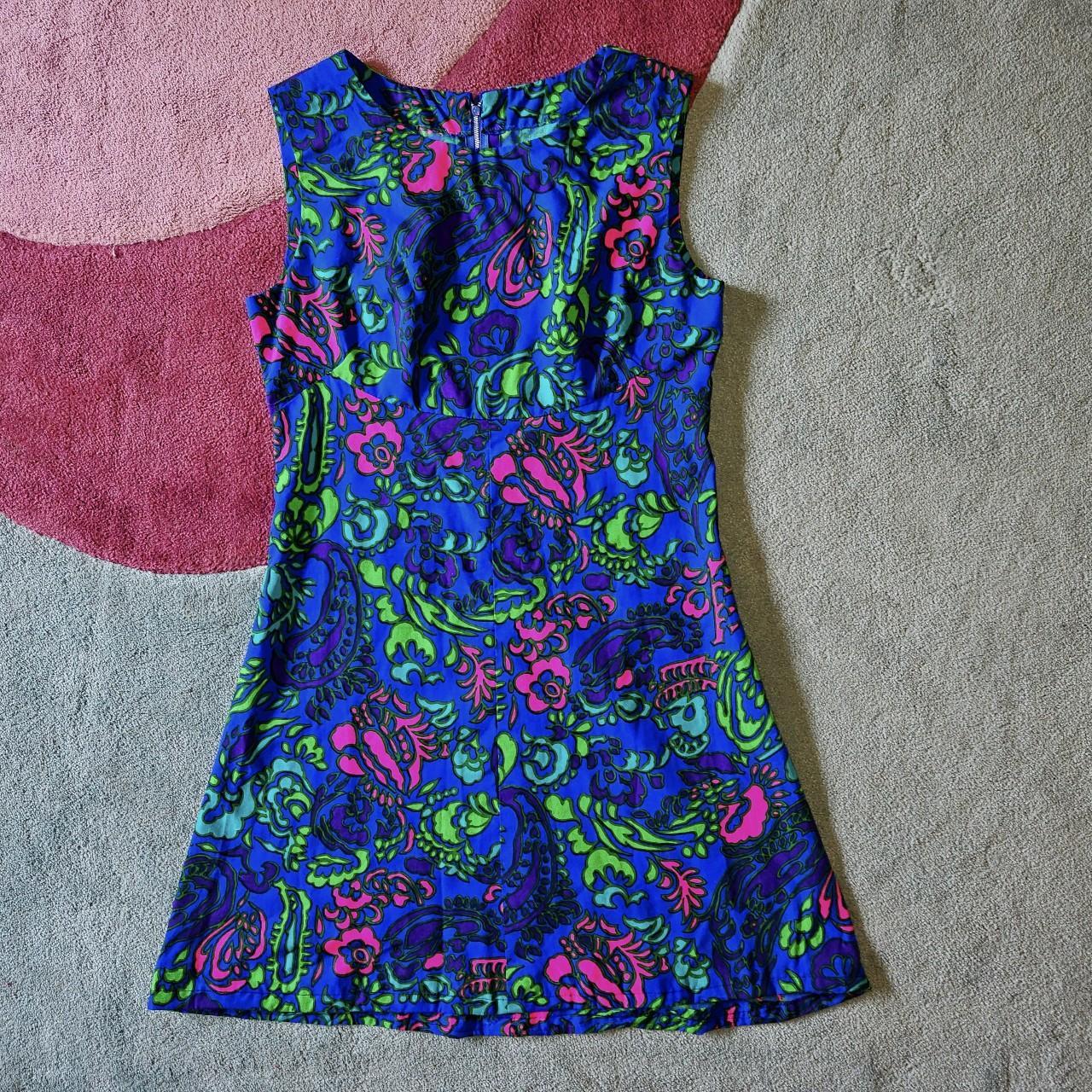 Vintage 60s or 70s neon blue pink and green floral... - Depop