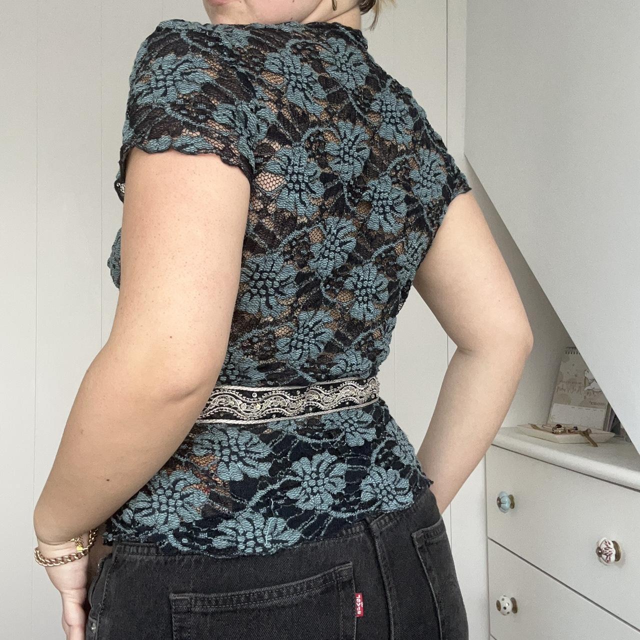 Vintage Navy Blue Floral Lace Mesh Top With Silver Depop