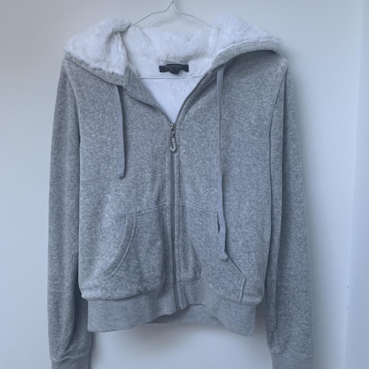 Grey juicy couture zip up hoodie with fur hood and... - Depop