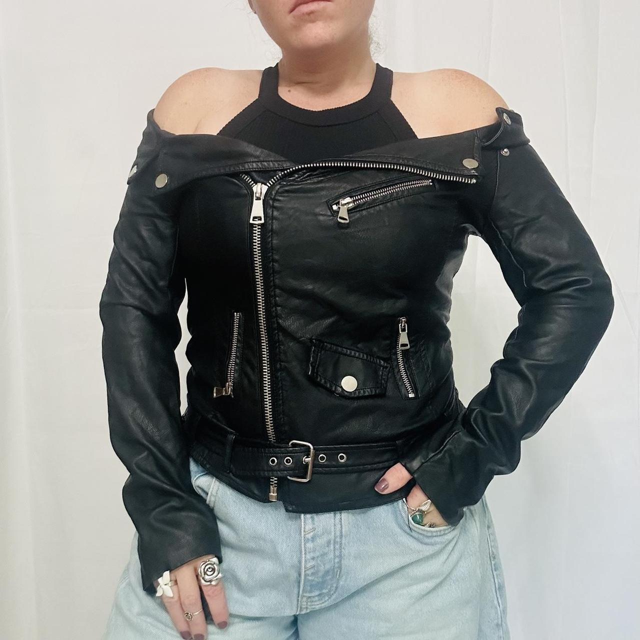 Black leather off the shoulder jacket hotsell