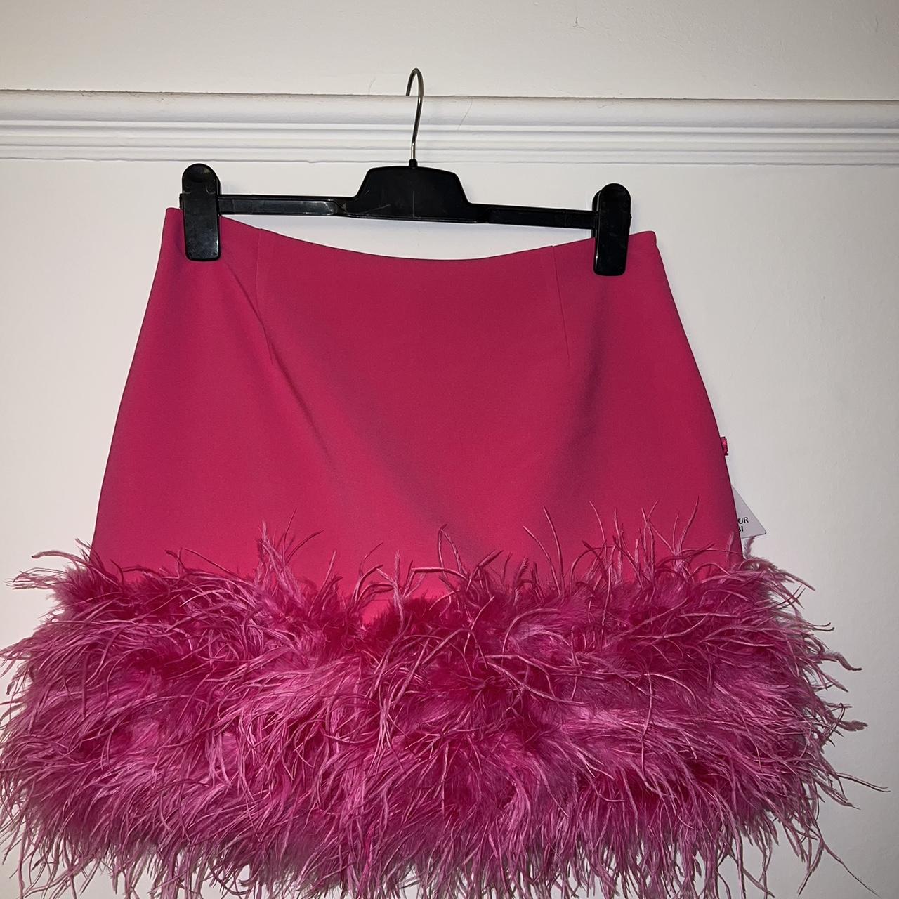 Nadine Merabi hot pink feather skirt Mia... - Depop