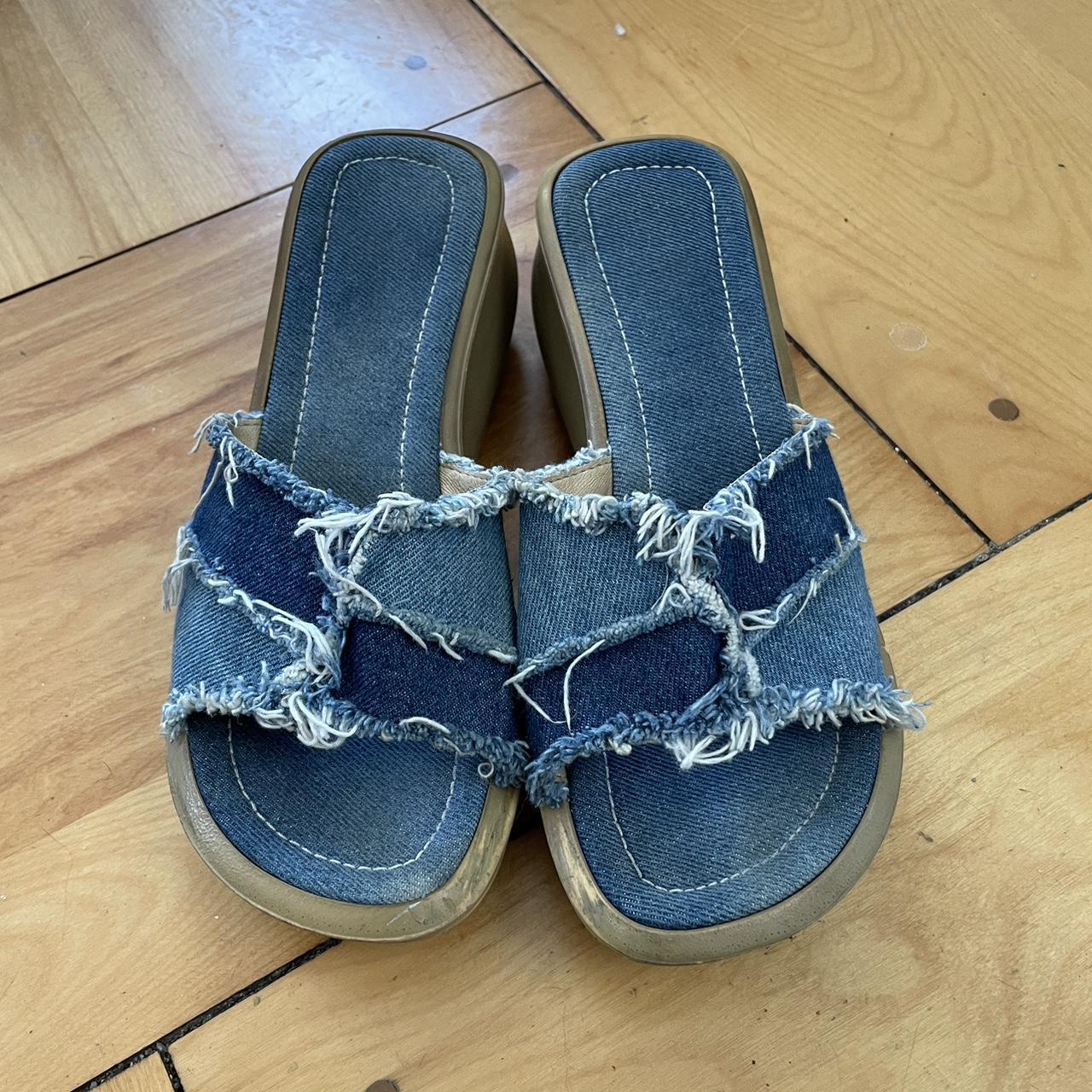 Denim y2k chunky platform sandals. Shoe is a size 38... - Depop