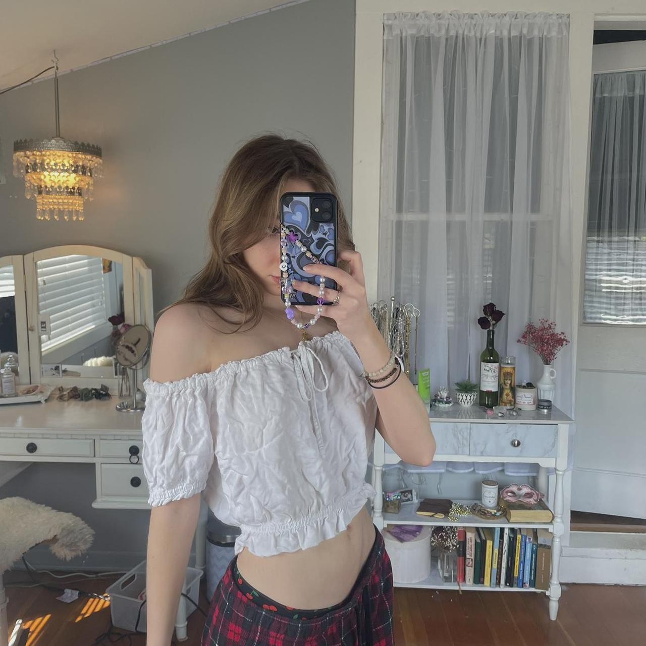 Brandy Melville white ruffly off shoulder crop top🌾 - Depop