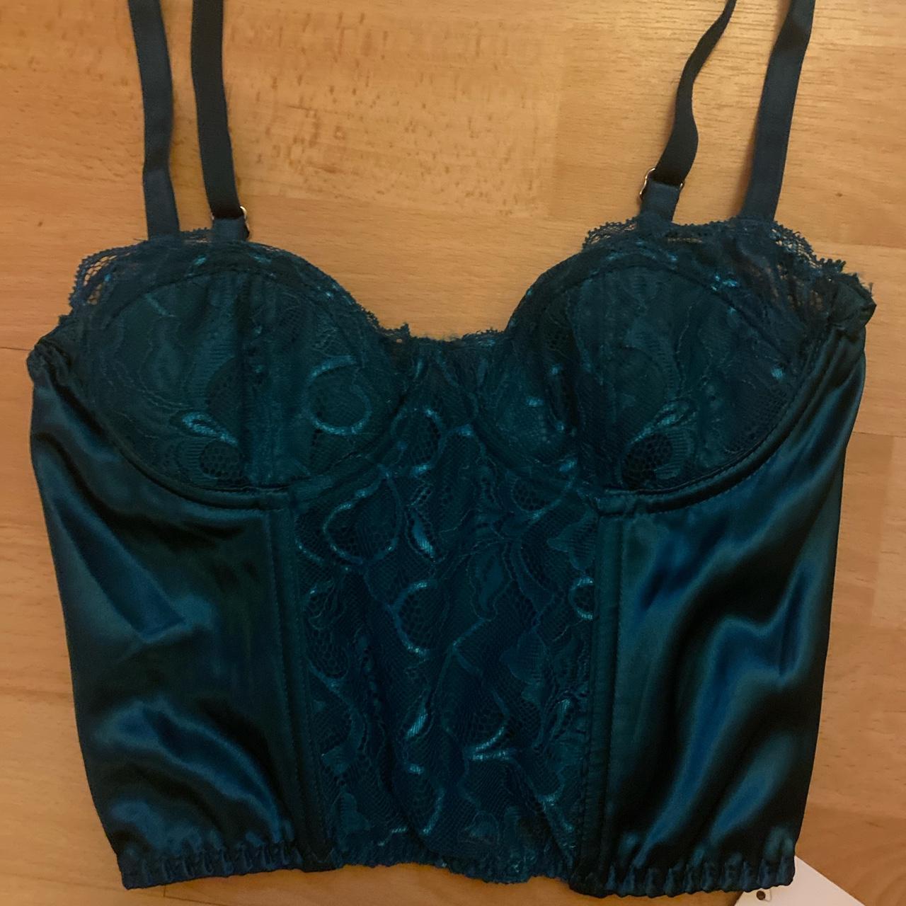 XS Urban Outfitters dark green corset top with lace... Depop