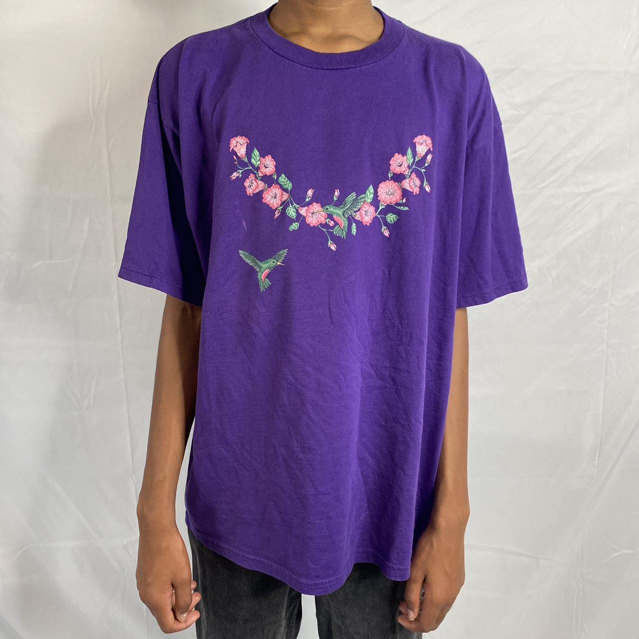 Vintage purple nature flower hummingbird t shirt men... - Depop