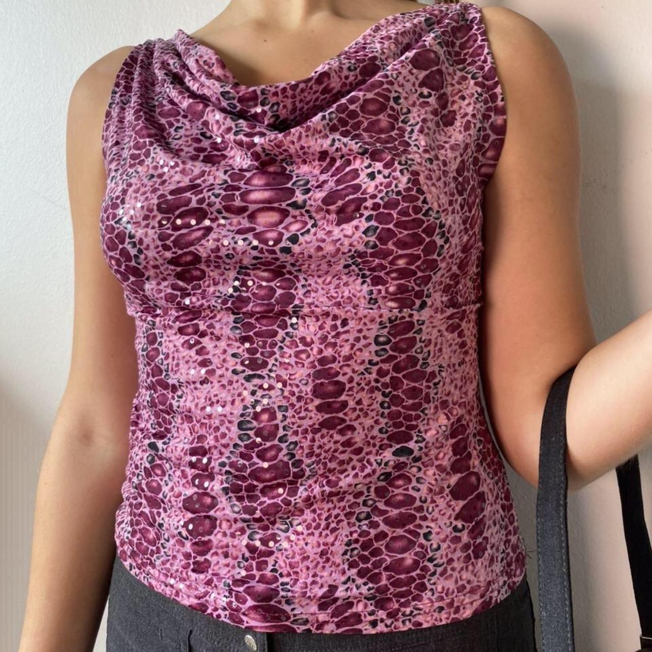 Purple faux snake skin top Features a cowl neck and... - Depop