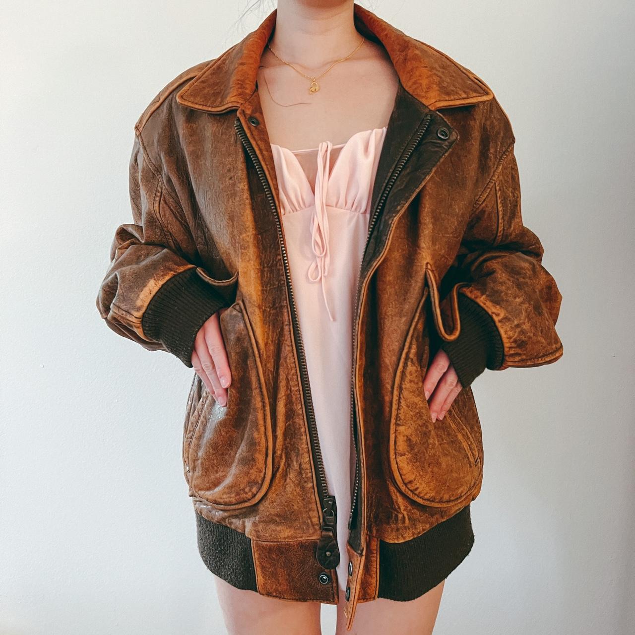 Vintage Oversized Brown GENUINE Leather Bomber... - Depop