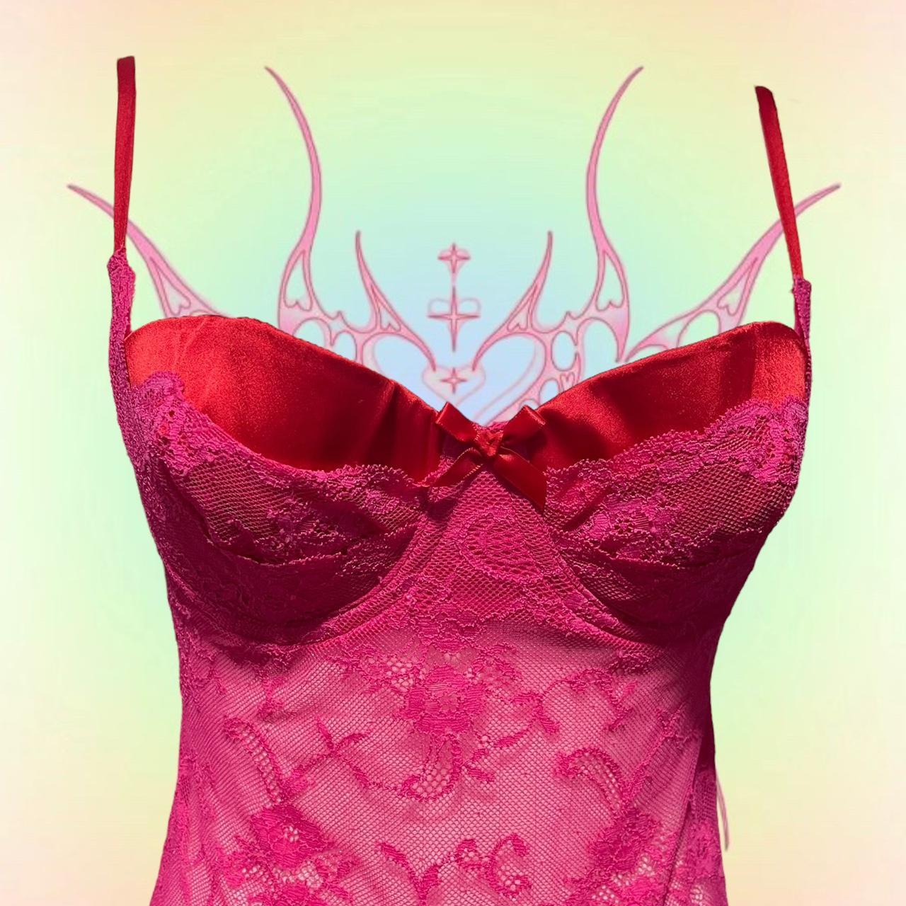 Y2K Victoria Secret Pink Lace Red Satin Details - Depop