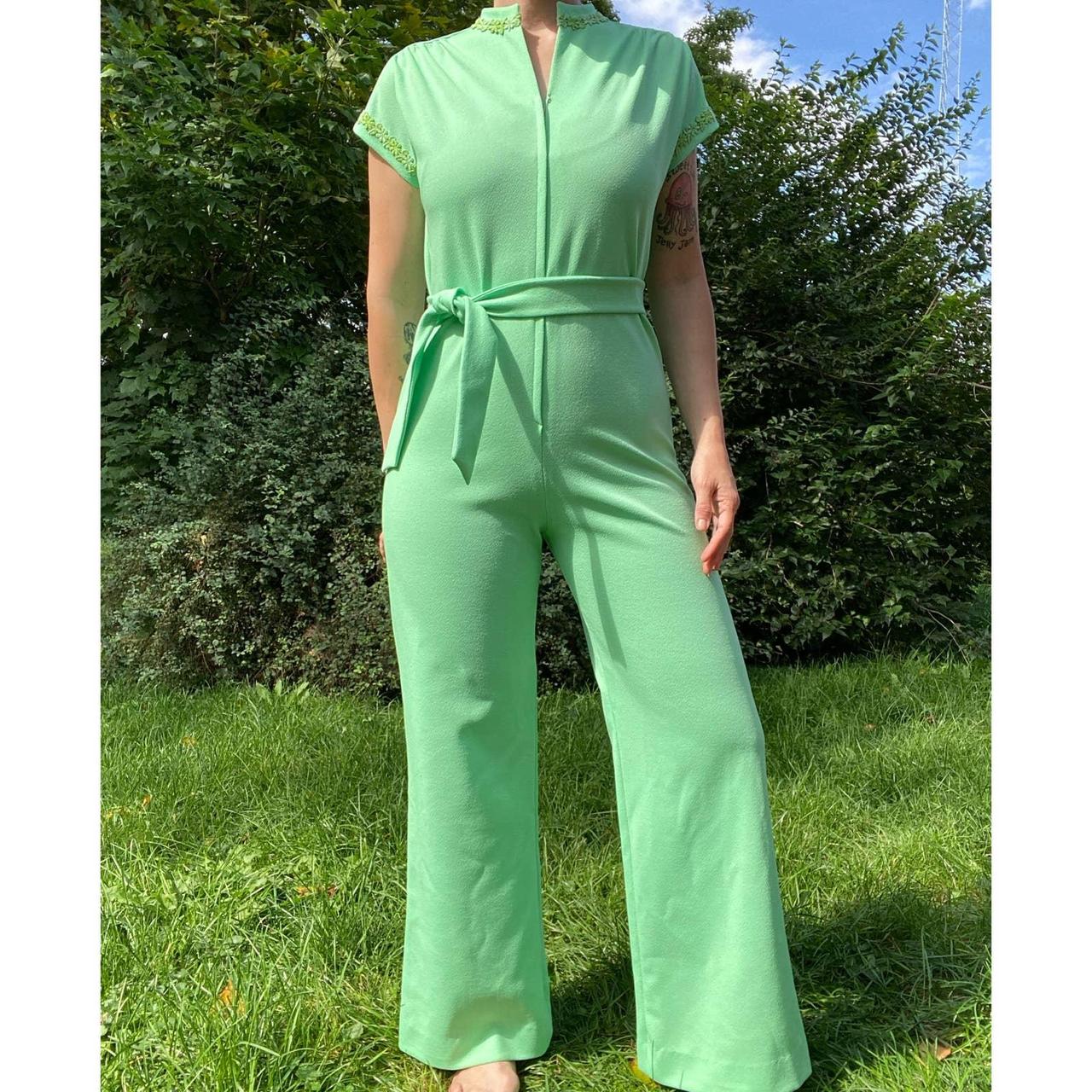 Size S-L//vintage 70s Green Polyester Wide Leg... - Depop