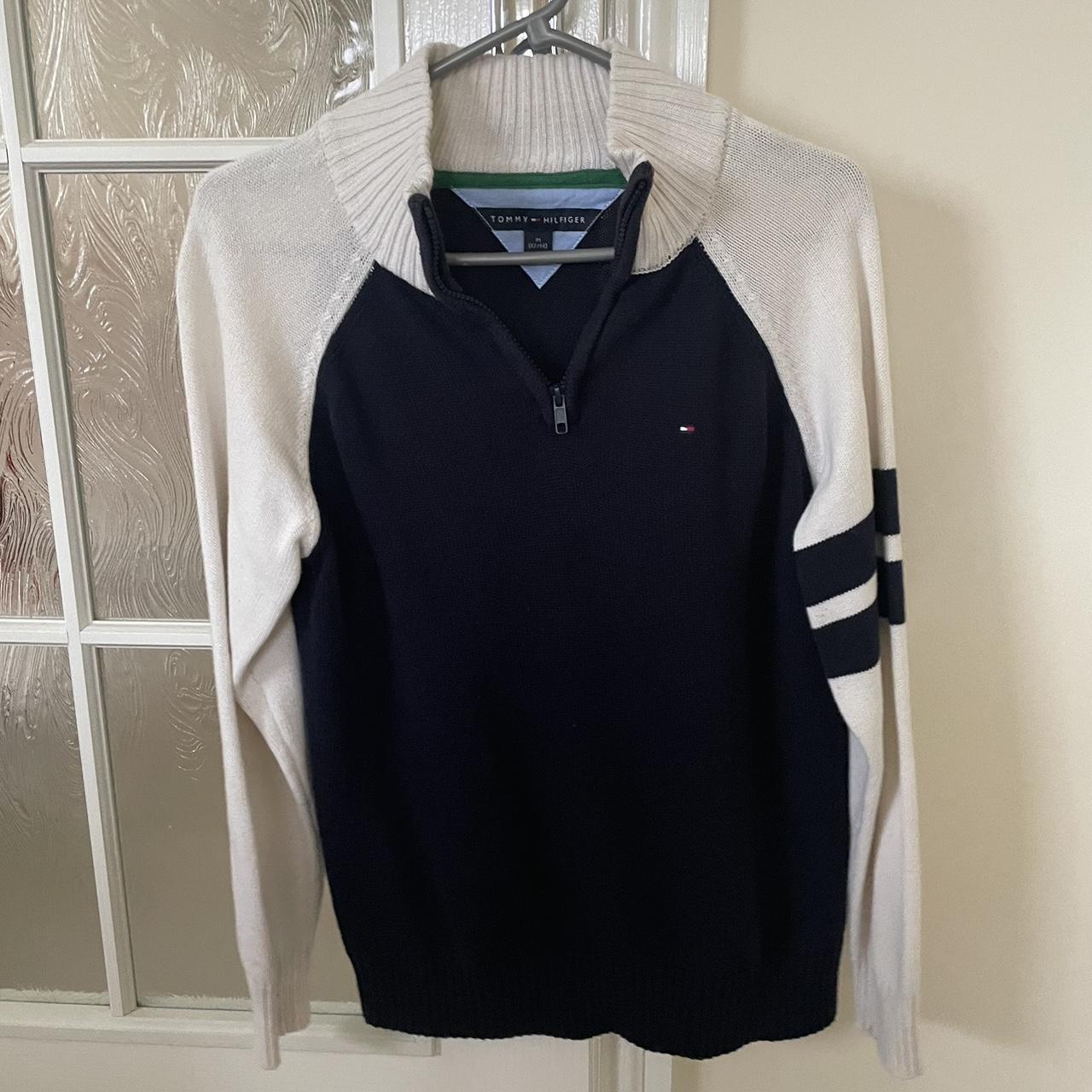 - Tommy Hilfiger Quarter Zip - Navy & White - Size... - Depop