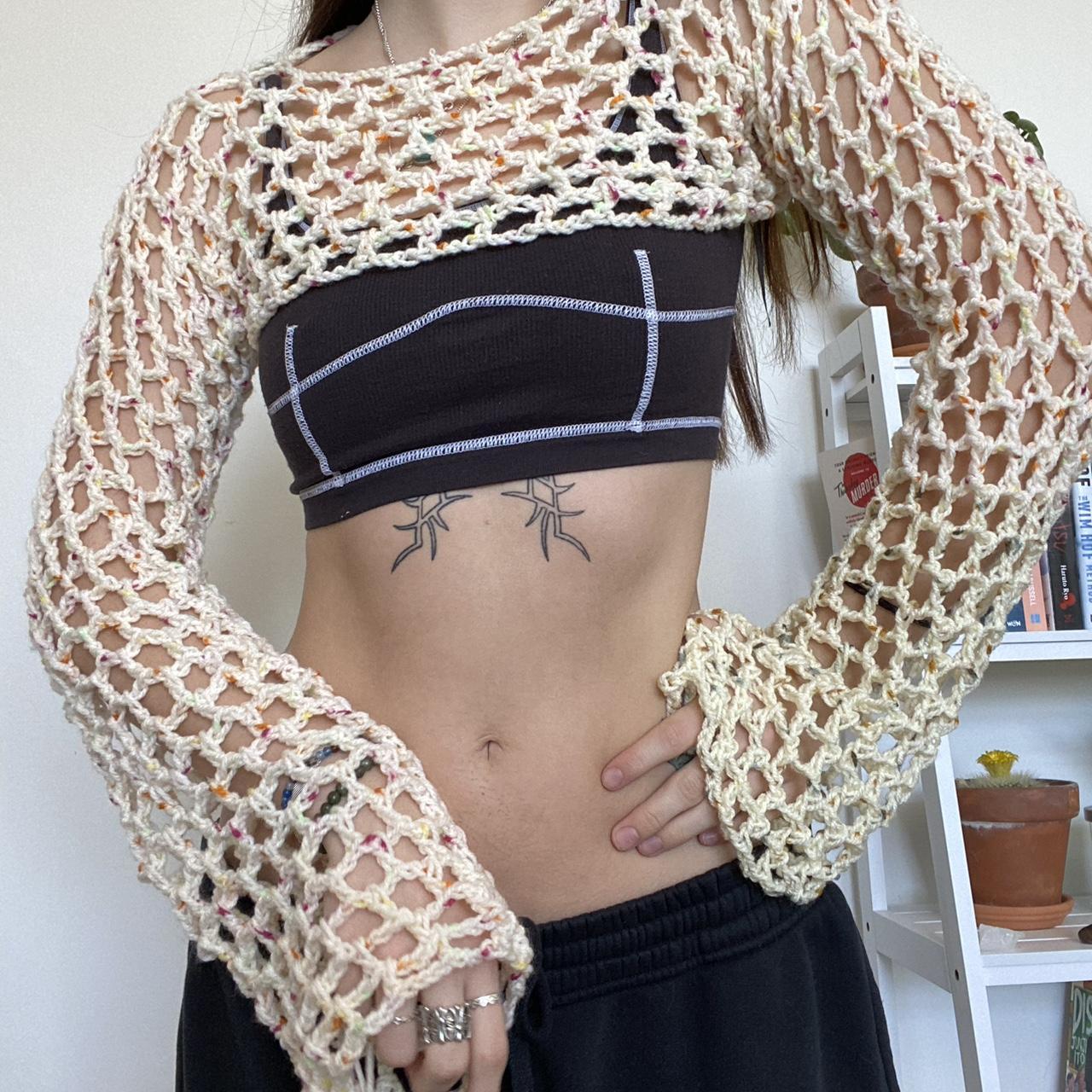 Beige crochet bolero sleeves top Fishnet bolero Depop