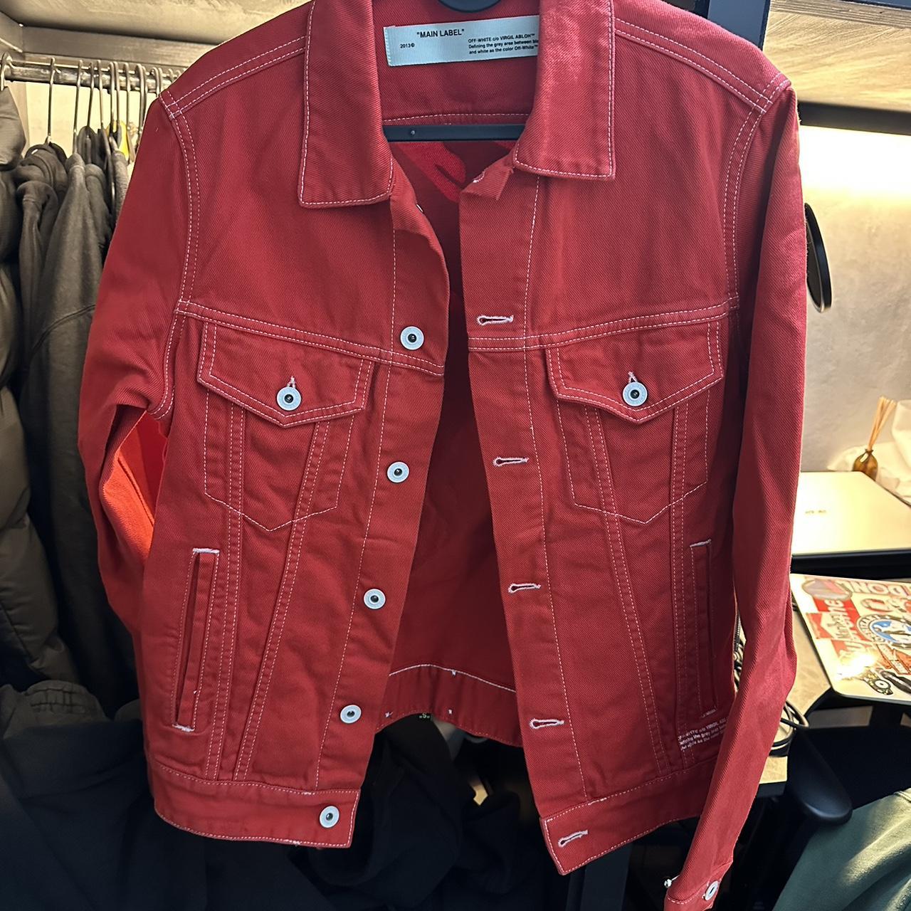 OFF-WHITE Red Denim Jacket Blue Skull Flamed Depop