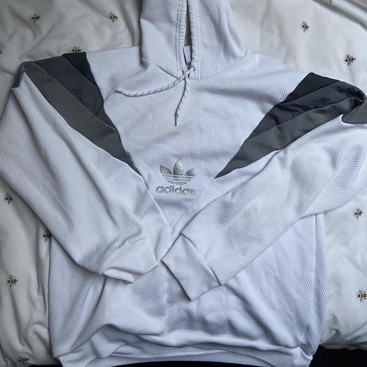 White and grey adidas hoodie, some stains on it as... - Depop
