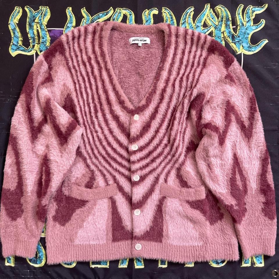 Fucking awesome acid hairy cardigan in pink colorway... - Depop