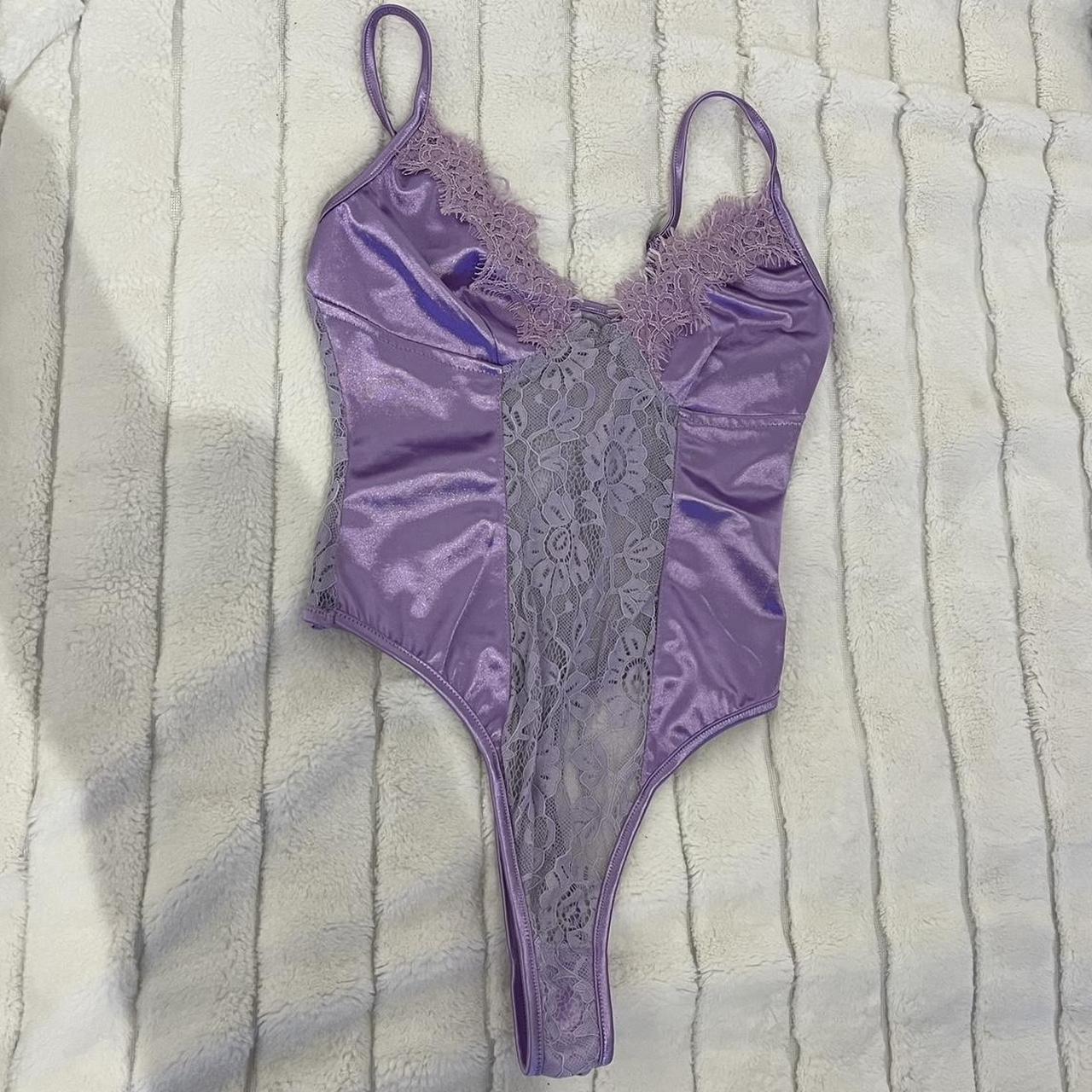 purple satin lace bodysuit from prettylittlething... Depop