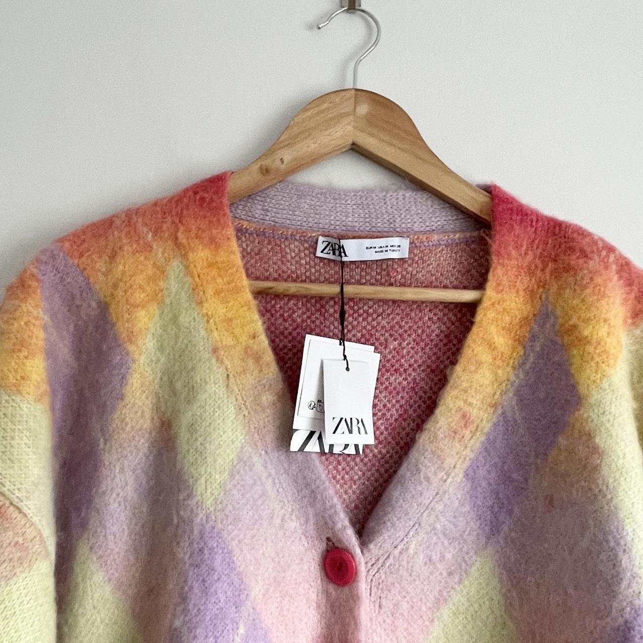 Zara Argyle Knit Cardigan Multicoloured Depop