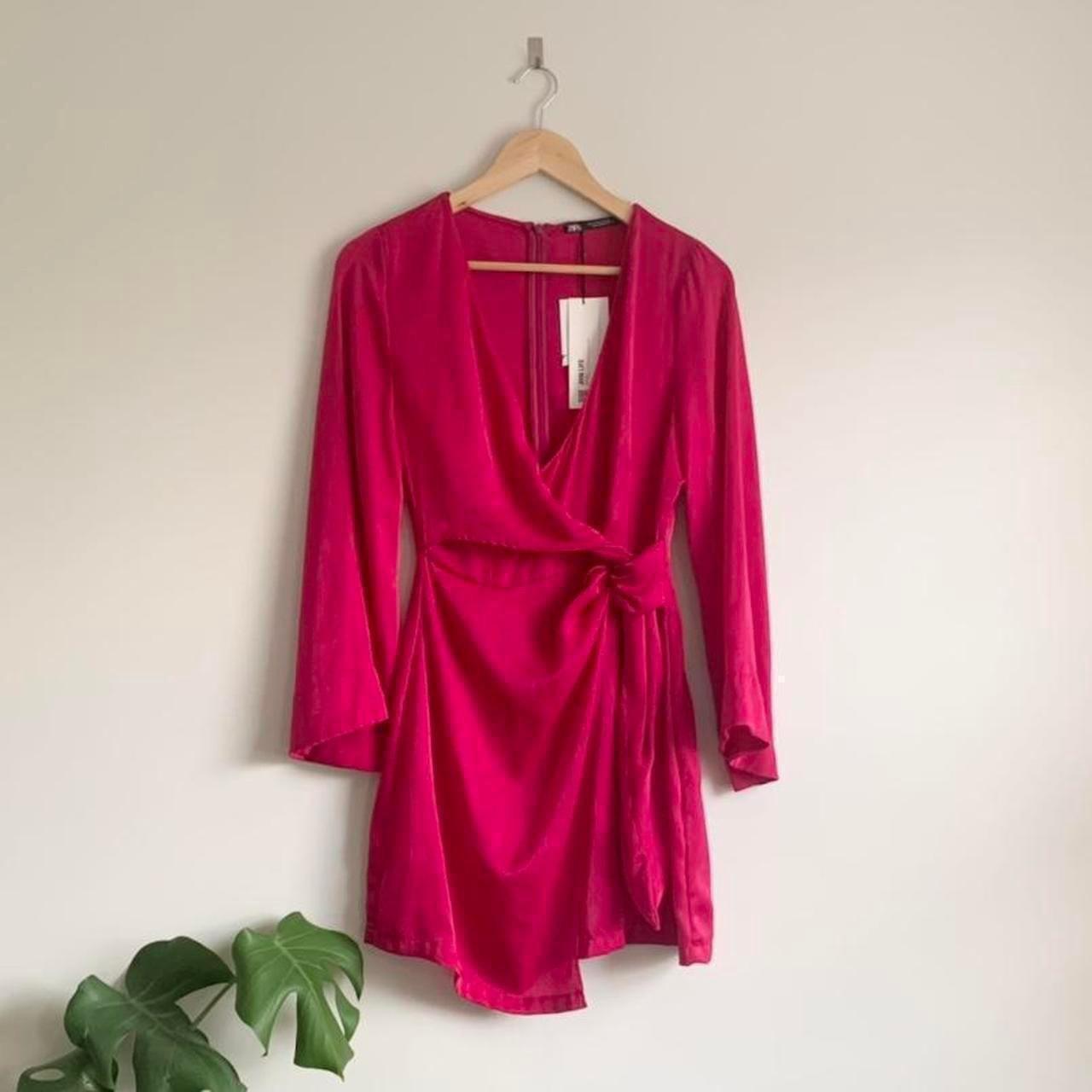 ZARA satin effect wrap dress - Fuchsia Available... - Depop