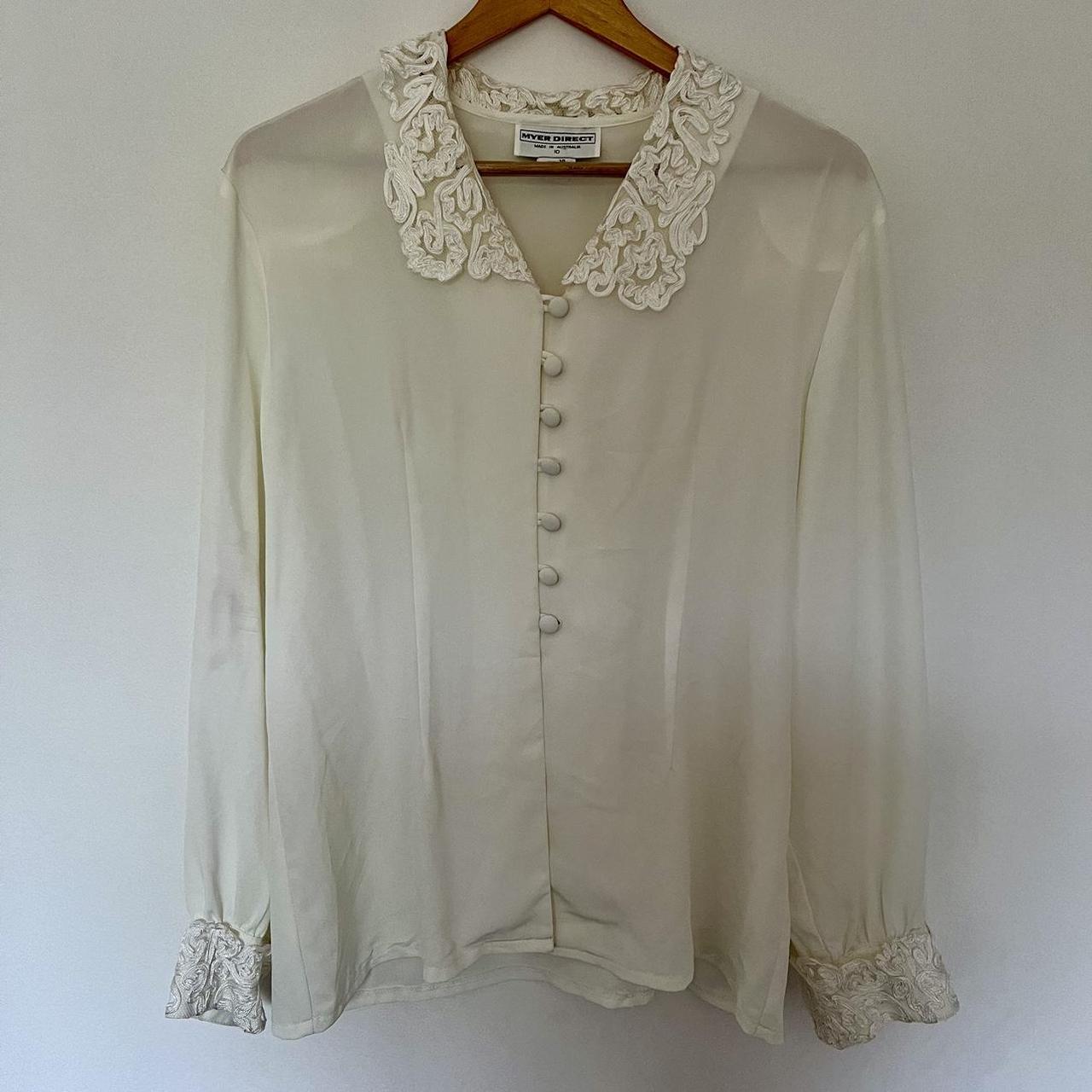 Vintage long sleeve white blouse with lace detailing... - Depop