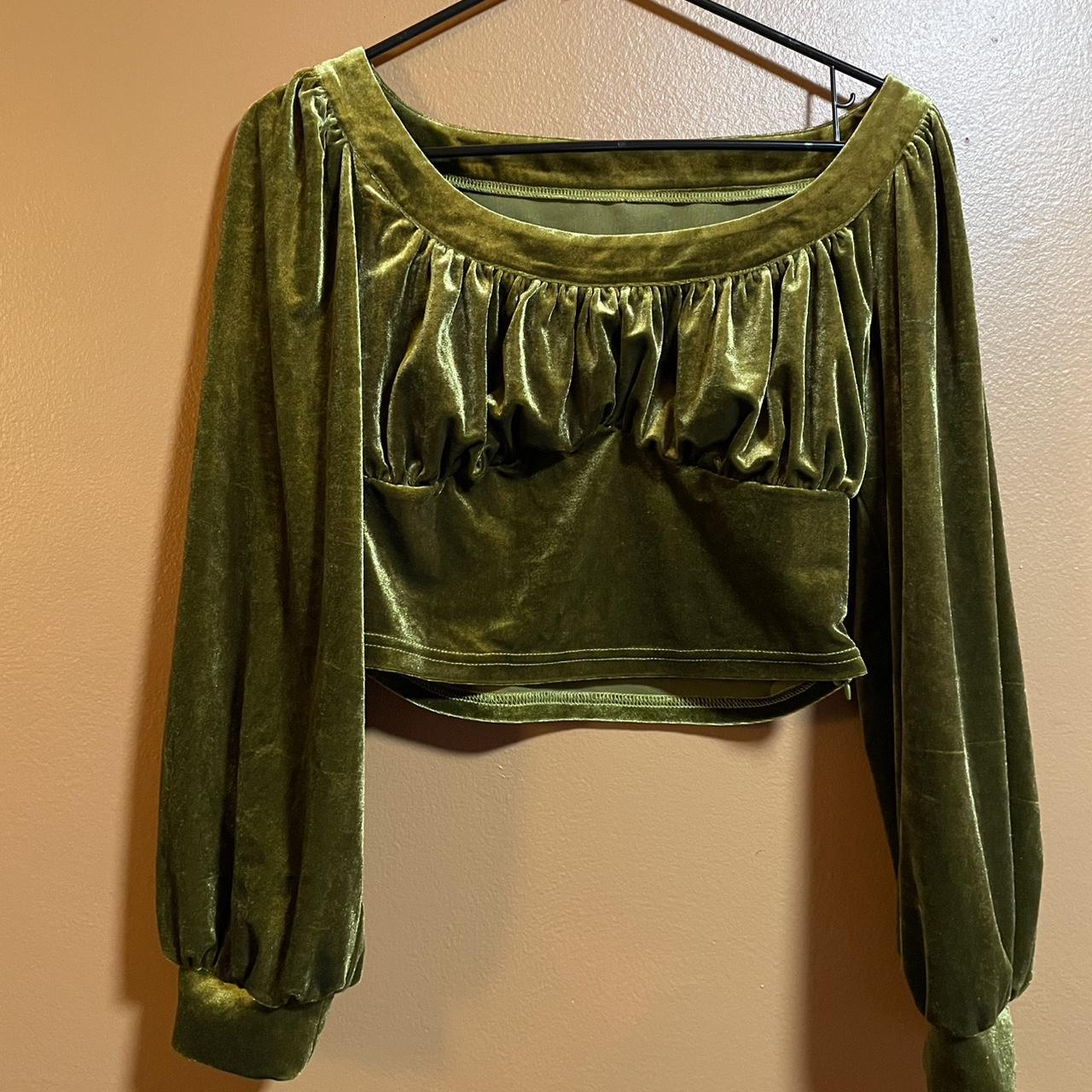 Green velvet long sleeve crop top corset style... Depop
