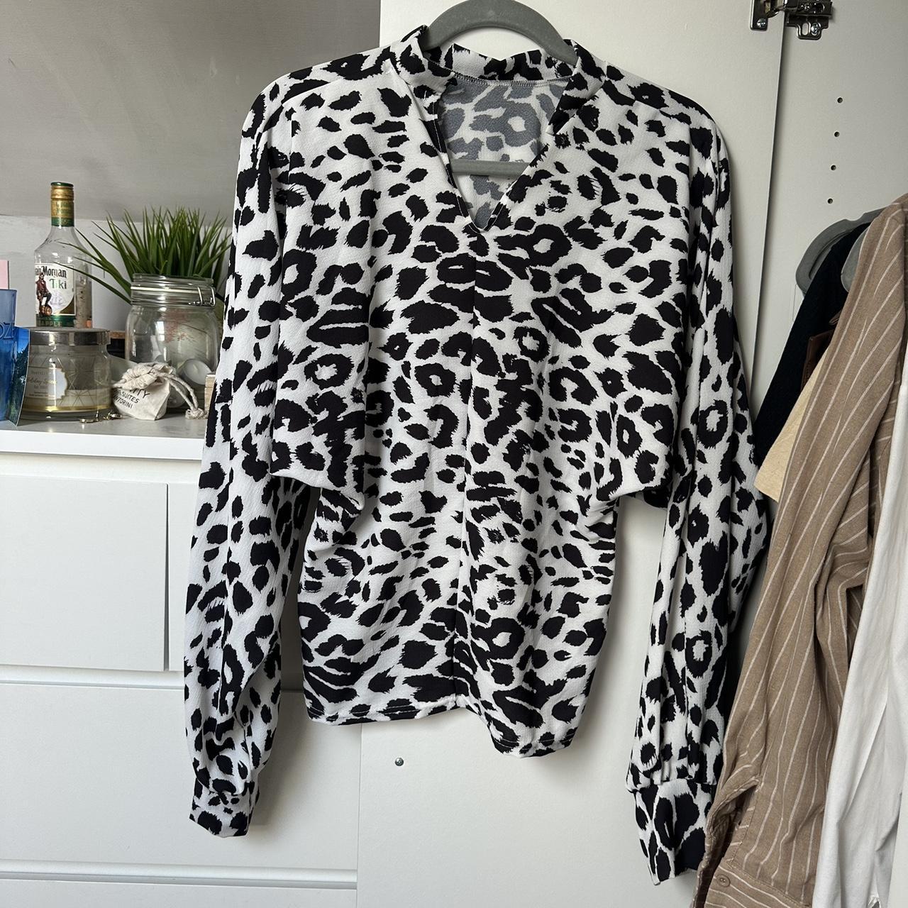 White and black leopard print high neck blouse Depop