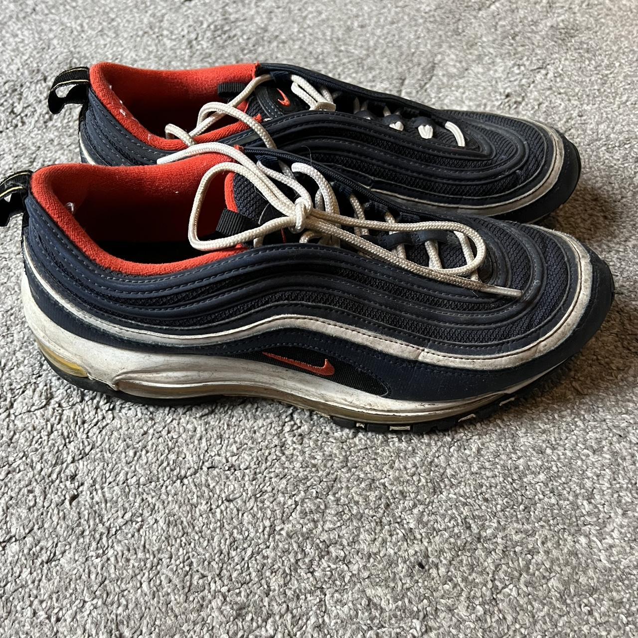 Nike Air Max 97s in cool orange and blue colourway Depop