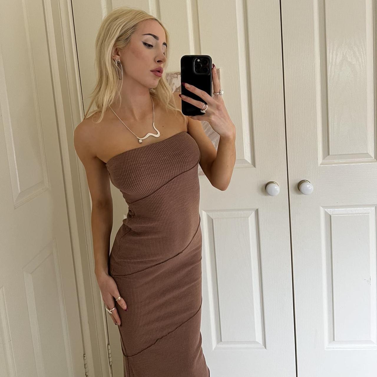 washed brown strapless maxi dress that comforts and... - Depop