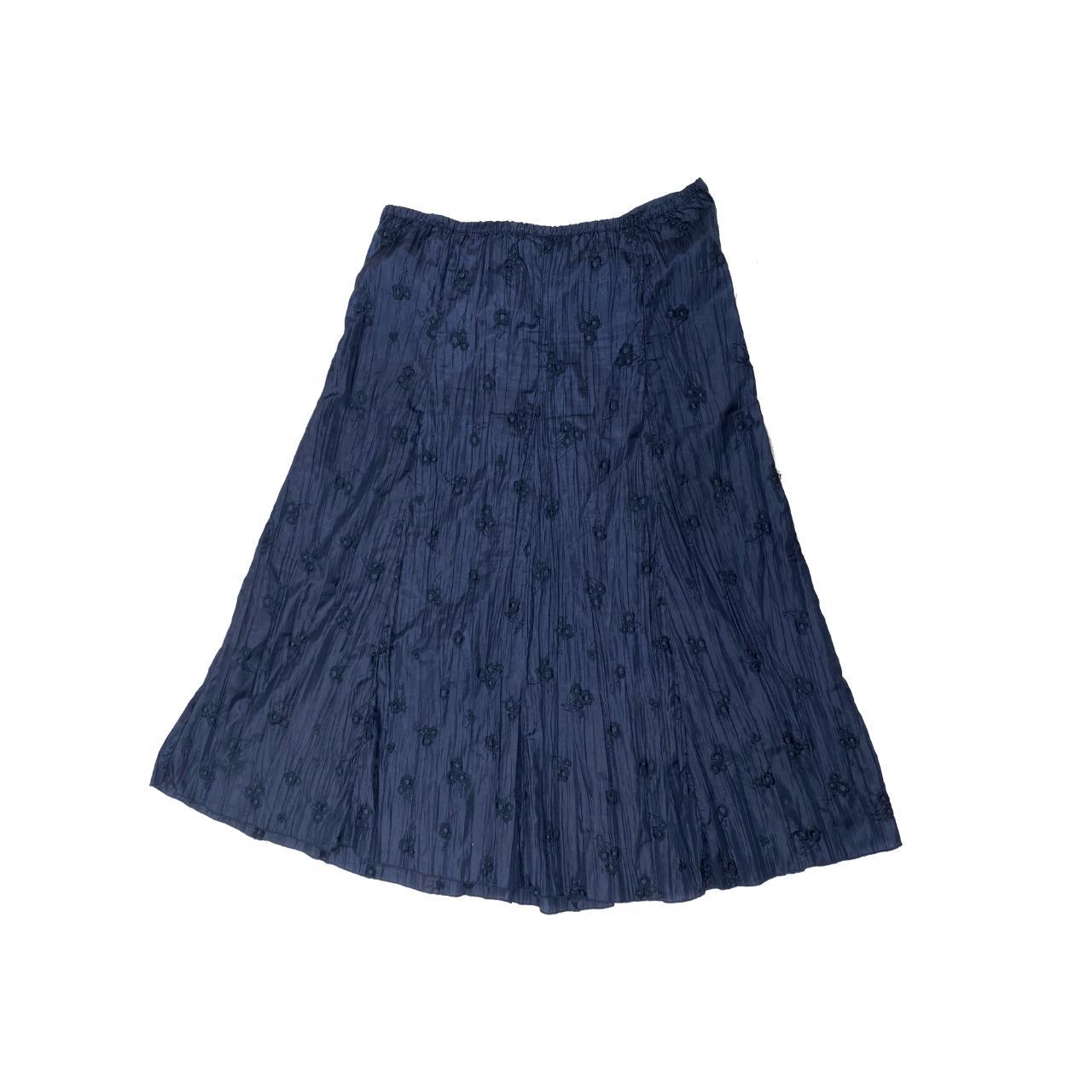 Pleated Navy Satin Skirt with embroidered flower... - Depop