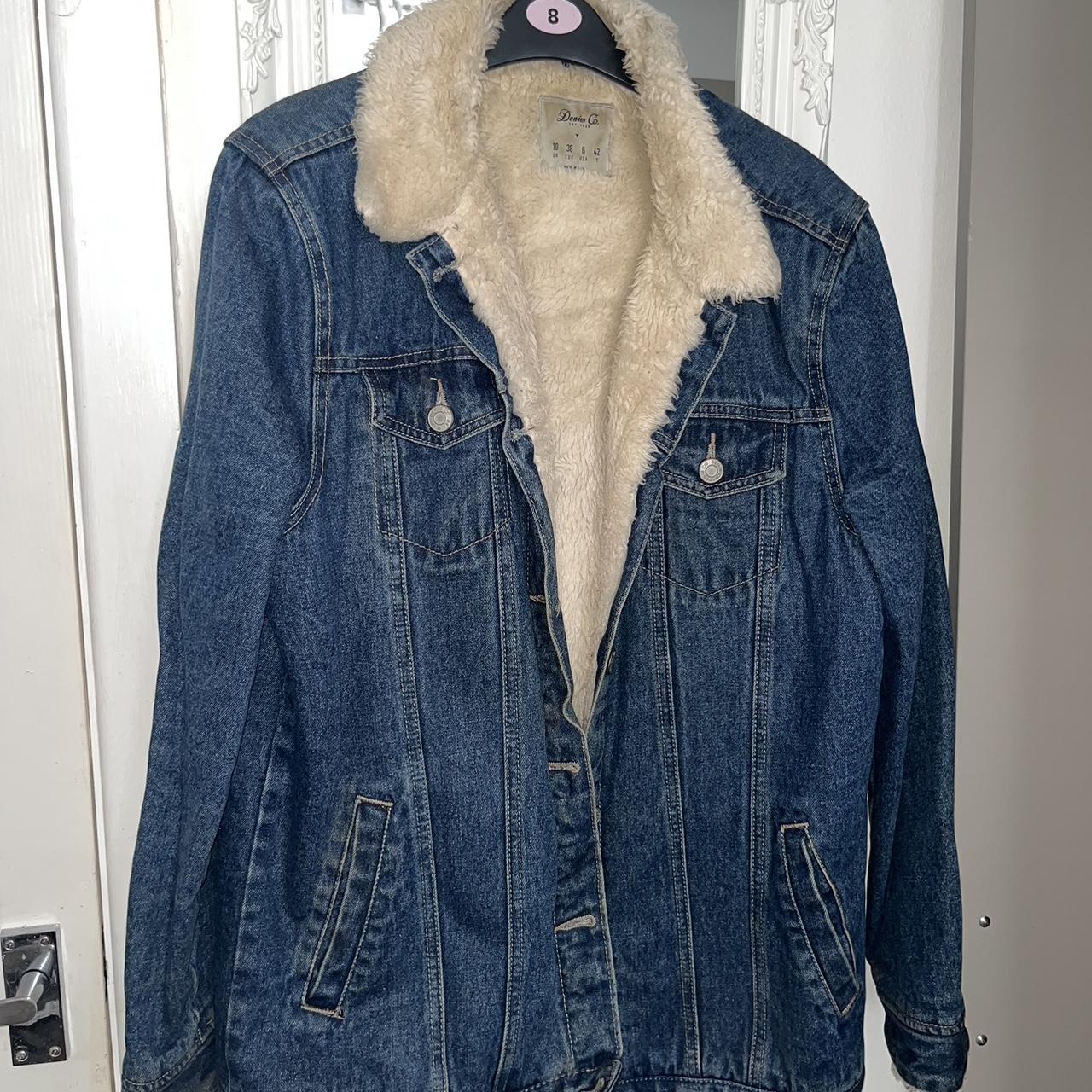 Women’s long, fur lined denim coat. Primark brand,... Depop