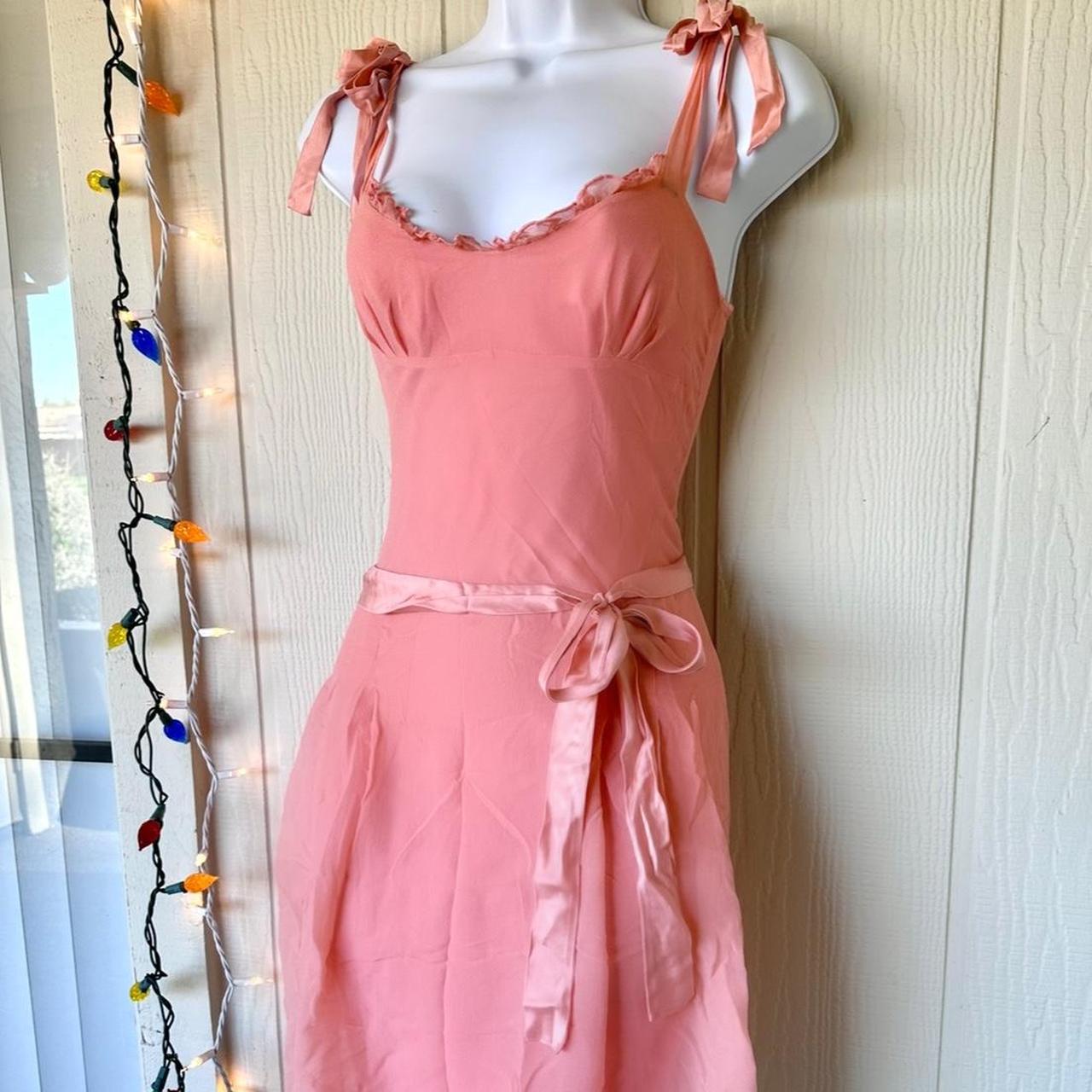 Early 2000s Girly Peach Coquette Mini Dress with... - Depop