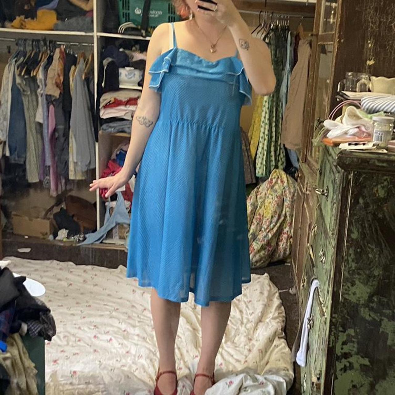 Blue dress white polka dots comfy 12/14 Depop