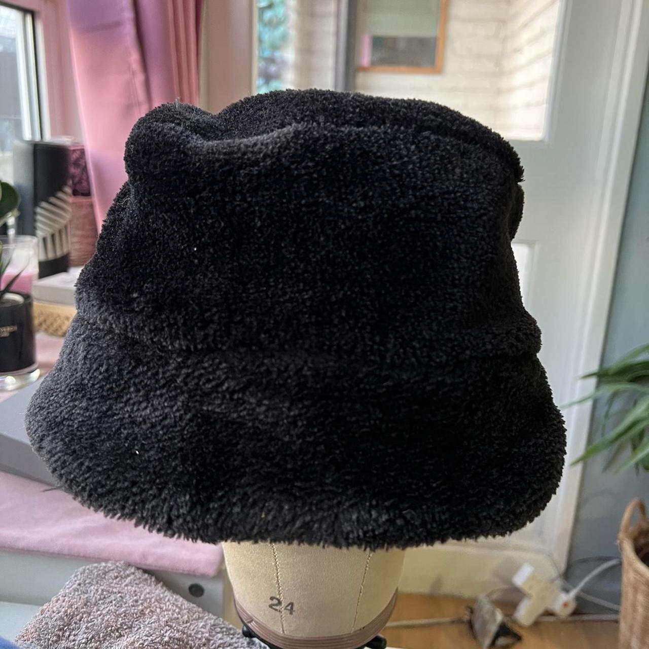Black fluffy bucket hat WORN ONCE Depop