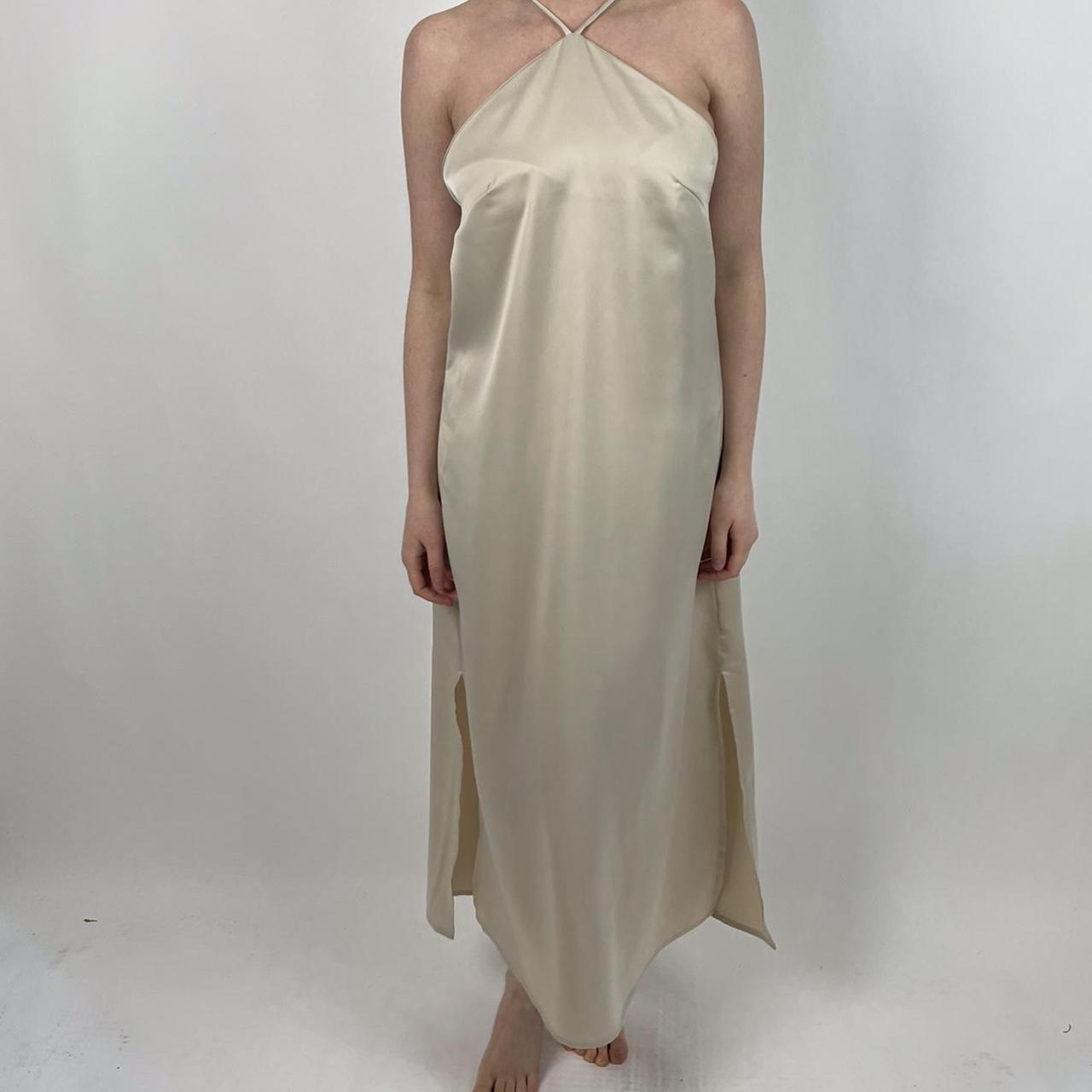 Satin maxi dress Champagne colour Halter neck and... - Depop