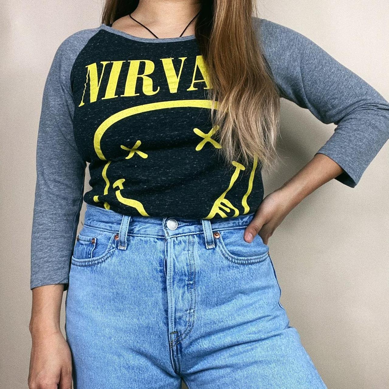 nirvana baseball shirt features 3/4 sleeves, front&hellip; - Depop