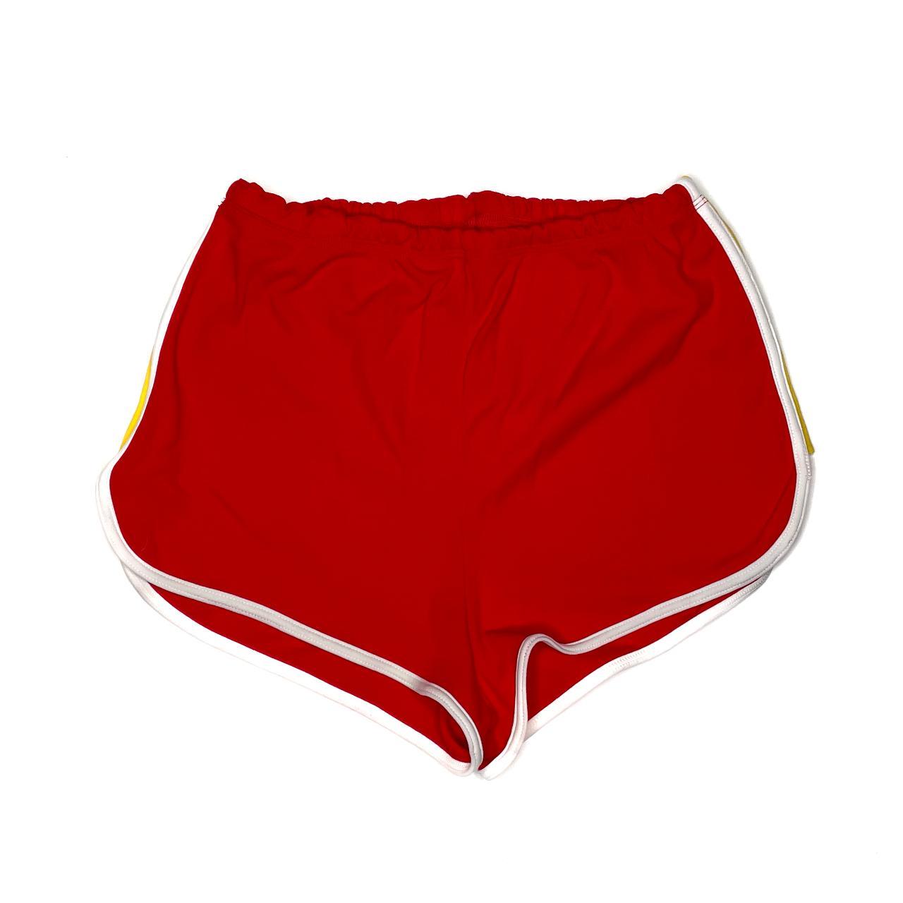 red running shorts with white trim