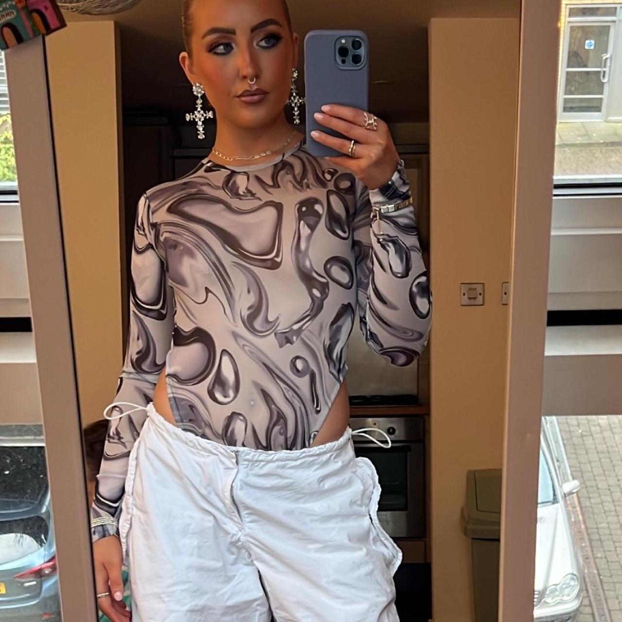 plt abstract print mesh bodysuit size 8 worn once Depop