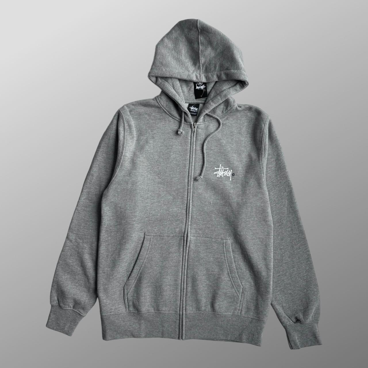 Stussy basic zip up hoodie heather grey - big logo... - Depop