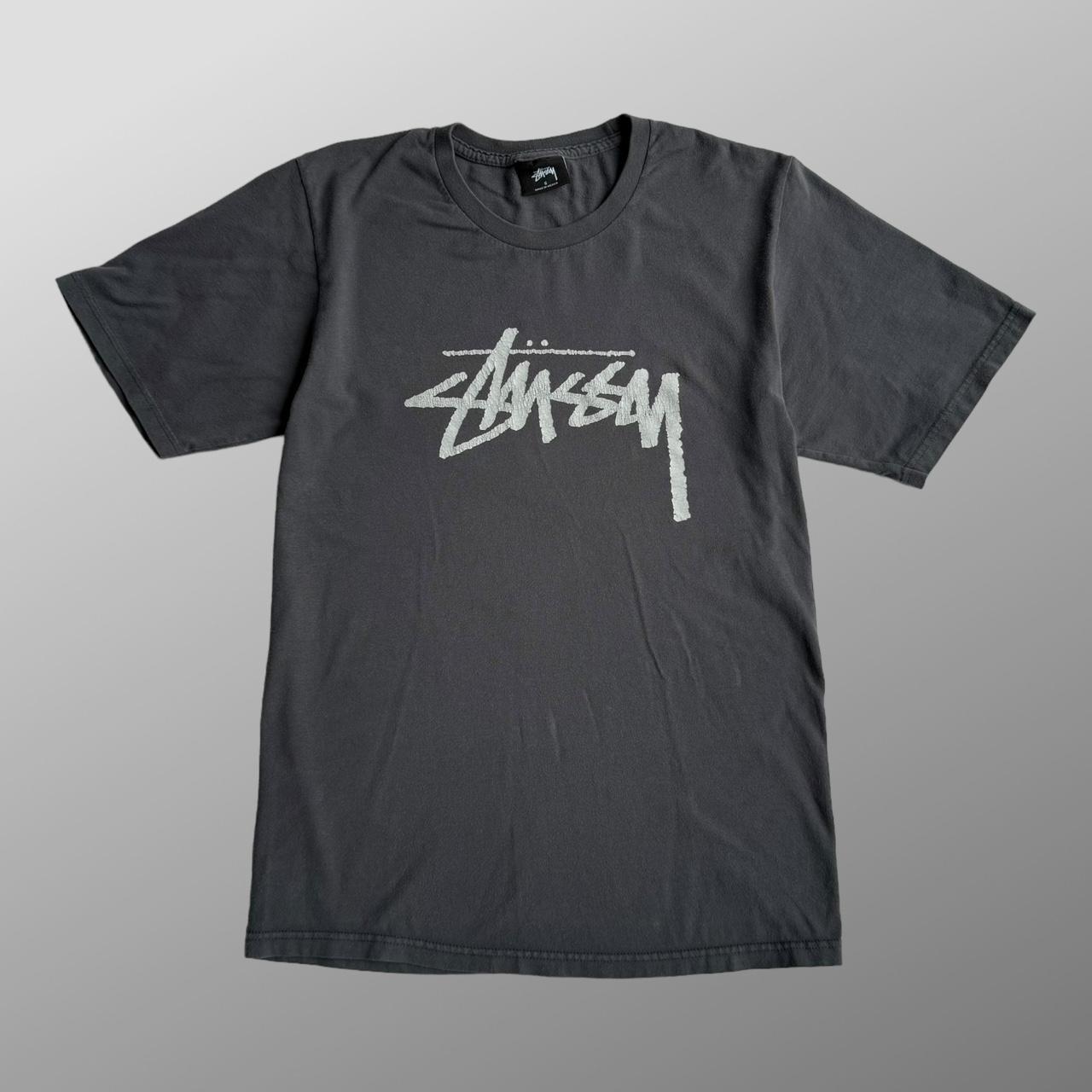 Stussy logo t shirt washed grey - good used | Depop