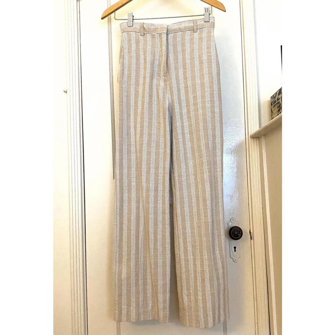 Tan and beige striped linen blend trousers by