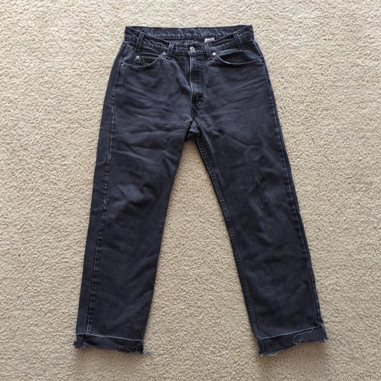 90s Levi's 505 orange tab black denim jeans with raw... - Depop