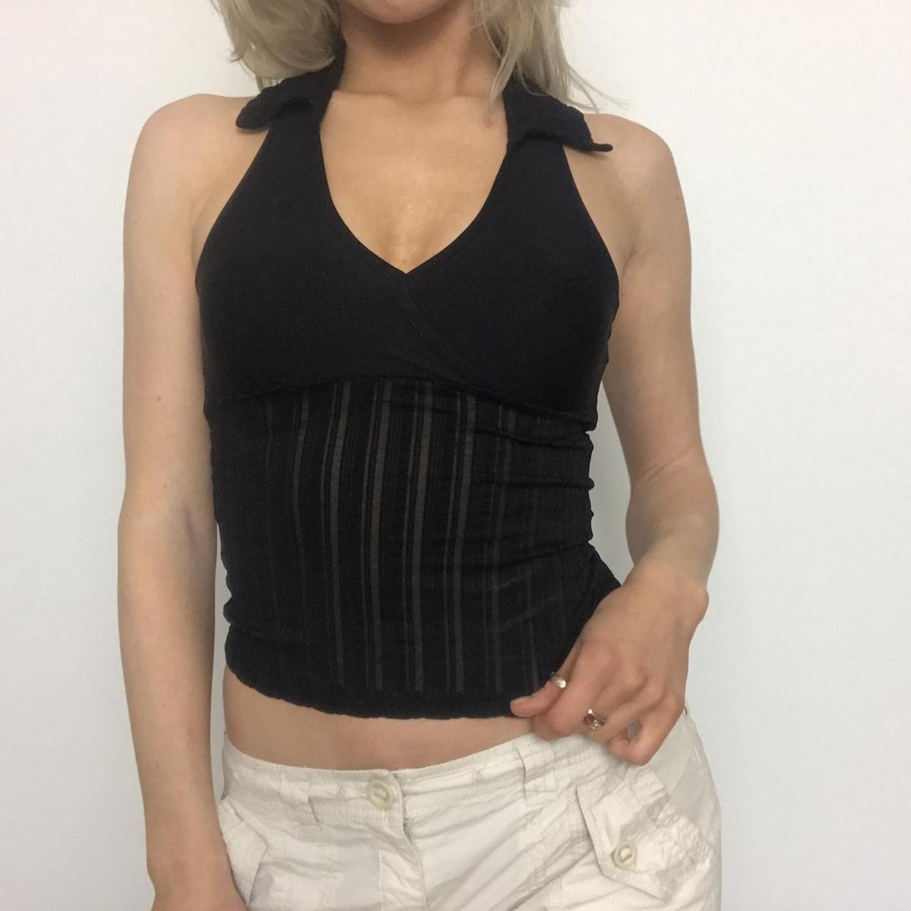 Jennyfer Sheer Ribbed Striped Halter Neck V Neck Top Depop