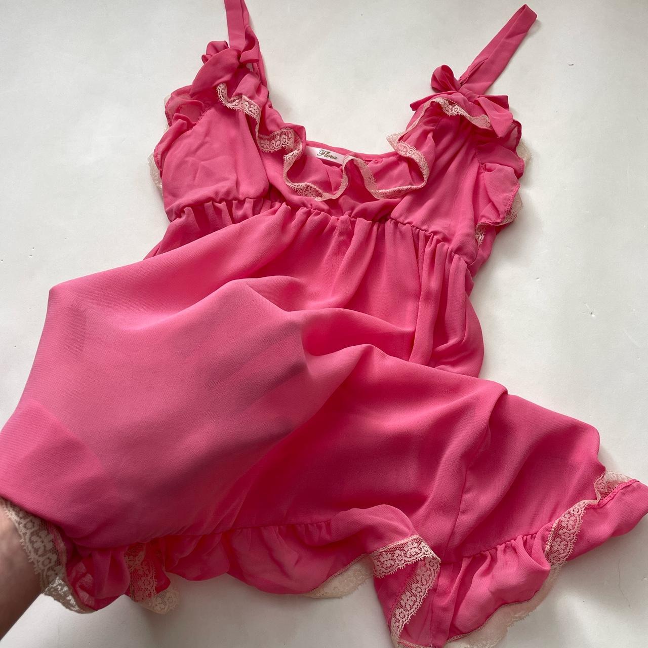 y2k Coquette Pink Ruffled Sheer Lace Babydoll Mini... - Depop