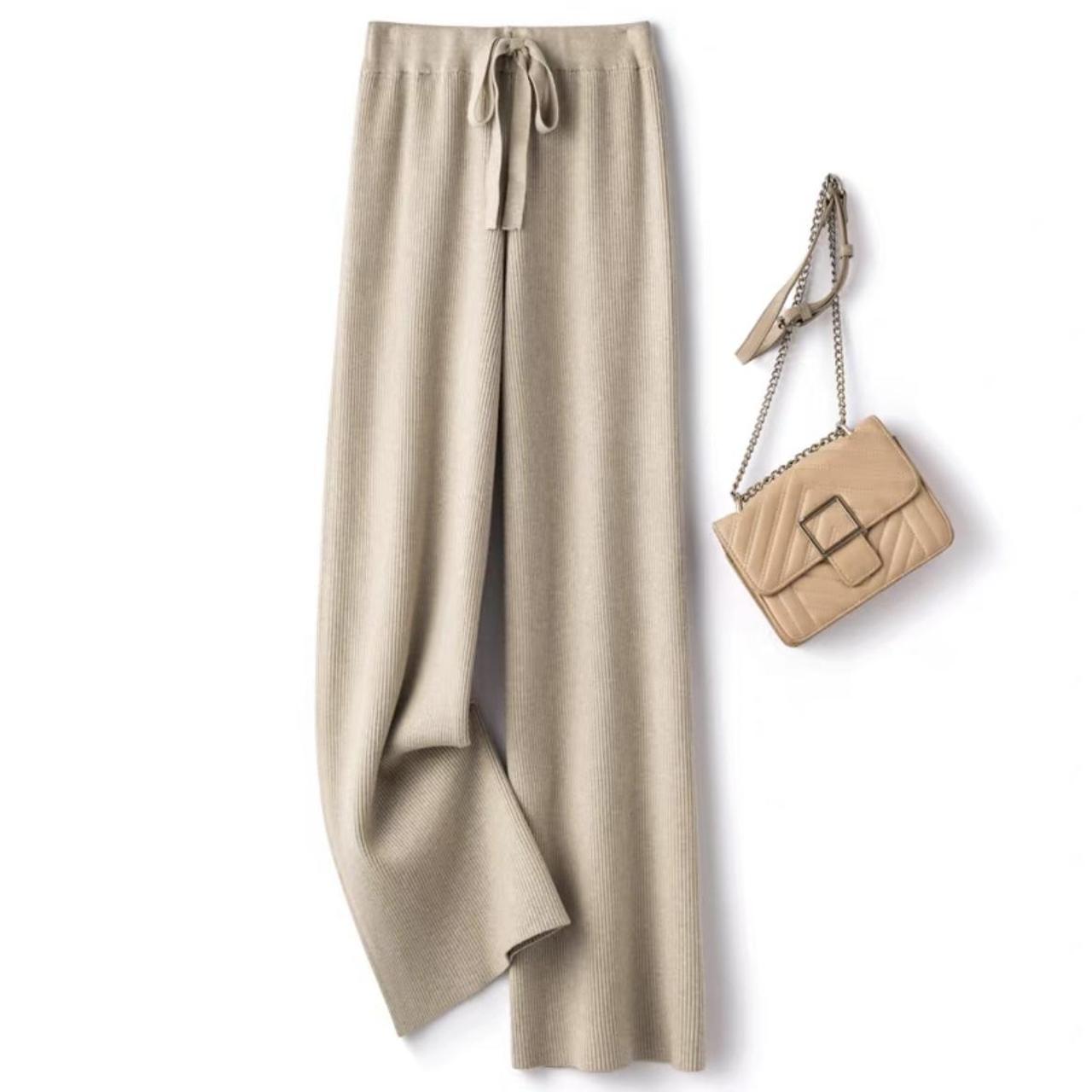 Cream Rib Drawstring Wide Leg Beach Pants