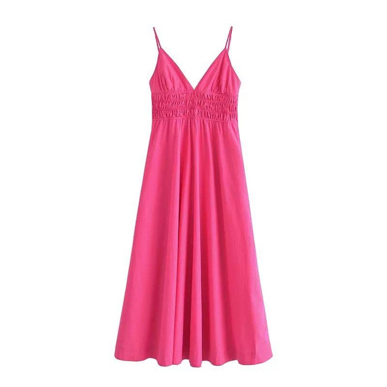 NEW Pink Smocked Deep V Neck Midi Dress. Stretchy... - Depop