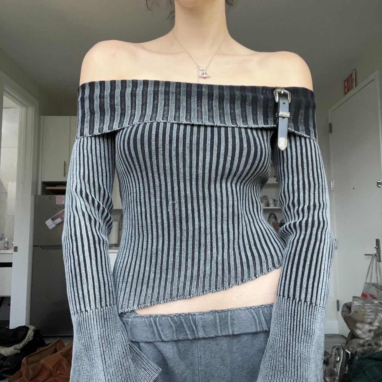off the shoulder grey and black sweater adjustable... Depop