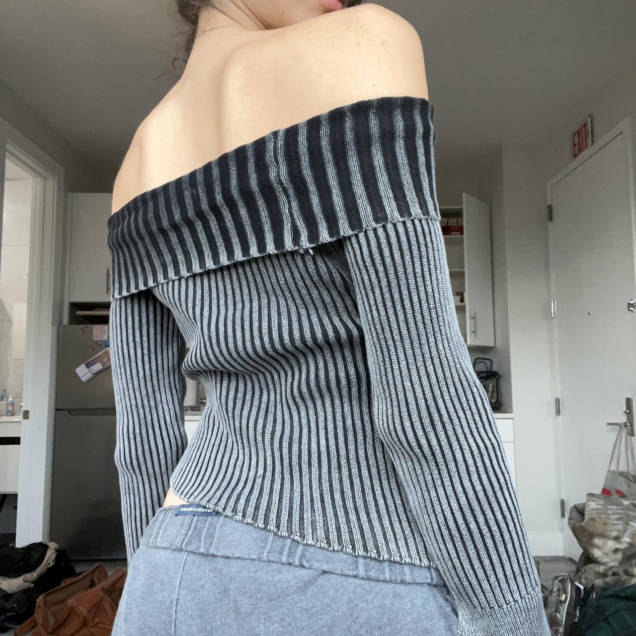 off the shoulder grey and black sweater adjustable... Depop
