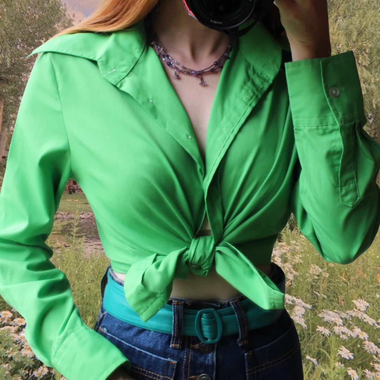 Vintage apple green shirt 🍏 1970s dagger collar long... - Depop