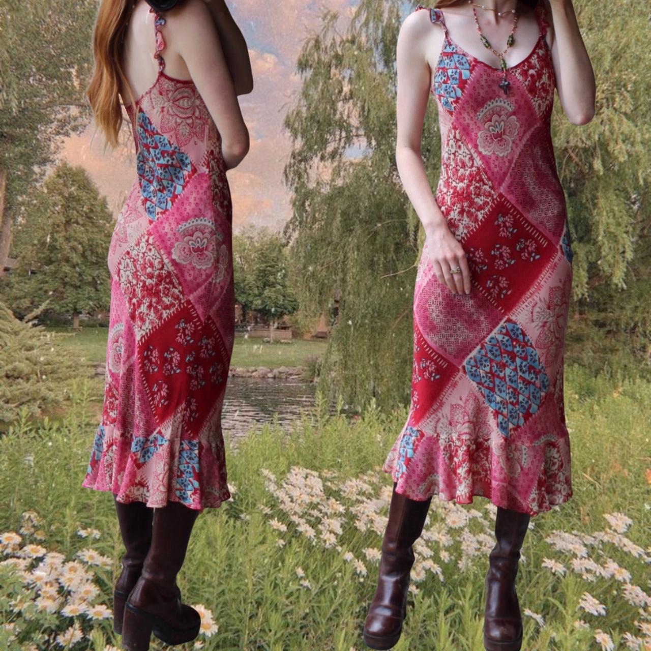 Y2K patchwork slip dress 🍒 vintage indie boho red... - Depop
